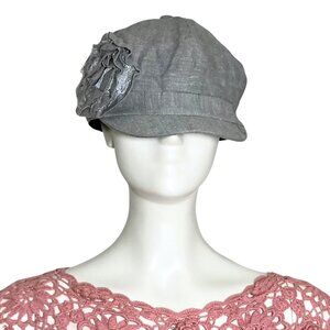 Vintage Y2K Grey 3D Flower Newsboy Cap Hat 100% Cotton D&Y Elastafit Stretch